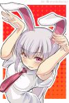  1girl animal_ears blush breasts from_above hands_up large_breasts long_hair looking_at_viewer necktie outline parted_lips polka_dot rabbit_ears rabbit_pose red_eyes red_necktie reisen_udongein_inaba shiroi_karasu smile solo teeth touhou upturned_eyes white_outline 
