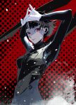  1girl arms_up black_hair black_scarf blue_bodysuit bodice bodysuit breasts closed_mouth cofffee gloves gradient_background looking_at_viewer medium_breasts niijima_makoto open_hands persona persona_5 red_eyes scarf short_hair smile solo upper_body white_gloves 