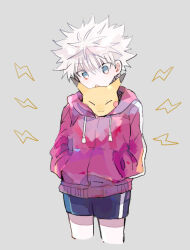  1boy black_shorts blue_eyes cropped_legs crossover drawstring hands_in_pockets hood hood_down hoodie hunter_x_hunter killua_zoldyck lightning_bolt_symbol looking_at_another male_focus open_mouth pikachu pokemon pokemon_(creature) purple_hoodie short_hair shorts smcms-m solo striped_clothes striped_hoodie vertical-striped_hoodie white_hair 