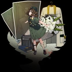  1girl badge beret black_background book bouquet bow bowtie brown_hair brown_shoes button_badge closed_mouth coat dress eagle_(reverse:1999) flower full_body girl_scout green_dress green_eyes green_hat green_sash hat highres lily_(flower) looking_at_viewer medium_dress merit_badge_sash muu_(d-muu) photo_(object) pocket_watch pouch reverse:1999 sash scout_uniform shoes short_hair short_sleeves shoulder_sash socks solo thigh_pouch traditional_bowtie unworn_coat watch white_coat white_flower white_socks yellow_bow yellow_bowtie 