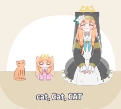  2girls :3 animal_ears blue_archive blunt_bangs blush braid brown_background cat closed_eyes closed_mouth commentary dual_persona english_text flower frilled_sleeves frills halo hat hat_flower highres horuhara light_frown long_hair long_sleeves mari_(blue_archive) multiple_girls neck_ribbon neckerchief no_nose orange_hair pajamas photo-referenced pink_pajamas polka_dot polka_dot_pajamas puffy_long_sleeves puffy_sleeves ribbon sailor_collar simple_background sitting sleeves_past_wrists sweatdrop v_arms white_background white_flower white_sailor_collar yellow_halo 