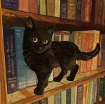  animal animal_focus artist_name book bookshelf cat catwheezie indoors looking_at_viewer original watermark 