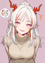  1girl :d absurdres arknights arms_behind_back blush braid breasts casual commentary_request dragon_girl dragon_horns eyeshadow fangs happy highres horns large_breasts long_hair looking_at_viewer makeup medium_breasts multicolored_hair nian_(arknights) orange_eyeshadow orange_hair phoenix_(lanzilong646) ponytail slit_pupils smile solo streaked_hair teeth twin_braids two-tone_hair upper_body upper_teeth_only vertical-striped_sweater violet_eyes white_hair 