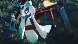  blue_eyes colored_sclera day froslass full_body grass highres looking_at_viewer no_humans outdoors pokemon pokemon_(creature) red_sash rock sash sazanami_(rsrm1) solo stairs stone_lantern torii tree yellow_sclera 
