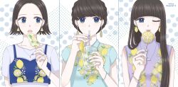  3girls a~chan blue_eyes blunt_bangs bracelet brown_hair commentary_request cup drinking_straw earrings food food-themed_earrings food_print fruit_print hair_bun highres holding holding_cup holding_food jewelry kashiyuka lemon_earrings lemon_print long_hair multiple_girls necklace nocchi_(perfume) one_eye_closed perfume_(band) real_life ring shirt short_hair sleeveless sleeveless_shirt sleeveless_turtleneck sweetpt19 turtleneck twitter_username upper_body 