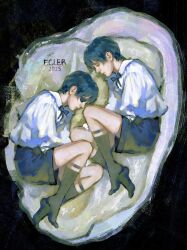  2boys between_legs black_eyes black_hair black_shorts black_socks bow bowtie ciel_phantomhive ciel_phantomhive&#039;s_brother cowboy_shot curled_up ecler_ecler eyepatch from_above full_body hand_between_legs highres kuroshitsuji looking_at_another lying multiple_boys on_side oyster shirt short_hair shorts siblings socks twins white_shirt 