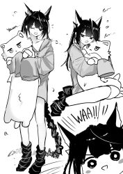  1girl absurdres arknights commentary fang greyscale highres hugging_object loose_socks mon3tr_(arknights) monochrome one_eye_closed open_mouth pajamas simple_background skin_fang sleeves_past_wrists socks tail wawamachi white_background 