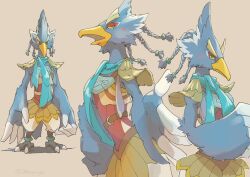  1boy aqua_scarf armor barefoot bird_boy bird_wings blue_feathers braid clenched_hand closed_mouth eyeliner facial_mark feathers green_eyes grey_background highres makeup male_focus monster_boy multiple_braids multiple_views open_mouth red_eyeliner revali rito scarf shoulder_armor solo talons the_legend_of_zelda the_legend_of_zelda:_breath_of_the_wild tsuyuga wings 