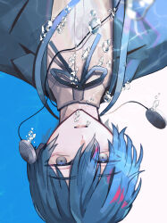  1boy absurdres air_bubble blue_background blue_eyes blue_hair blue_jacket blue_ribbon bubble caustics commentary_request den_10_chu_10 digital_media_player digital_walkman dress_shirt gekkoukan_high_school_uniform hair_between_eyes highres jacket looking_at_viewer male_focus open_clothes open_jacket parted_lips persona persona_3 portrait ribbon school_uniform shirt short_hair solo submerged two-tone_background underwater upside-down walkman_nw-s203f water white_background white_shirt yuuki_makoto_(persona_3) 