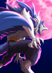  1boy blue_fur claws commentary darkstalkers english_commentary full_moon furry furry_male highres jon_talbain minokichi_(arufooto25) moon open_mouth sharp_teeth solo tail teeth werewolf wolf_boy 