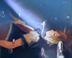  1boy chain chain_necklace closed_eyes closed_mouth highres jewelry kingdom_hearts kingdom_hearts_i light_rays n0_va necklace sleeping solo sora_(kingdom_hearts) spiky_hair submerged water water_drop 