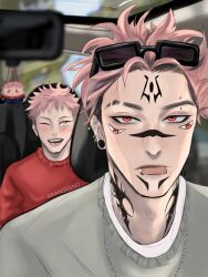  2boys :| ;d absurdres alternate_costume aransmind blush car chain chain_necklace character_doll closed_mouth cyber_sigilism doll ear_piercing extra_eyes eyebrow_cut eyebrow_piercing eyewear_on_head face_piercing facial_tattoo forehead_tattoo four_eyes grey_sweater highres ibispaint_(medium) itadori_yuuji jewelry jujutsu_kaisen lip_piercing looking_at_another looking_at_viewer motor_vehicle multiple_boys neck_tattoo necklace one_eye_closed piercing pink_hair plug_(piercing) rectangular_eyewear red_eyes red_sweater ryoumen_sukuna_(jujutsu_kaisen) short_hair sitting smile stuffed_toy sunglasses sweater tattoo twitter_username yellow_eyes 