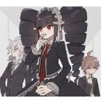  1girl 2boys ahoge black_hair black_jacket black_nails bonnet brown_hair celestia_ludenberg cheeseko claw_ring collared_shirt danganronpa:_trigger_happy_havoc danganronpa_(series) danganronpa_2:_goodbye_despair danganronpa_3_(anime) drill_hair earrings frills gothic_lolita green_necktie grey_hair hand_up jacket jewelry komaeda_nagito lolita_fashion long_hair long_sleeves multiple_boys naegi_makoto nail_polish necktie red_eyes red_necktie shirt short_hair smile twin_drills twintails white_shirt 