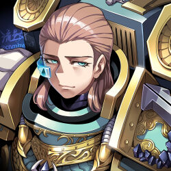  1boy adeptus_astartes aqua_eyes armor brown_hair commentary english_commentary hair_behind_ear hair_slicked_back male_focus medium_hair original portrait ryuusei_(mark_ii) signature solo twitter_username warhammer_40k widow&#039;s_peak 