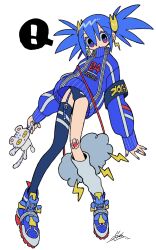  ! 1girl :o animal_hair_ornament armband arms_at_sides asymmetrical_legwear bag bandaid bandaid_on_knee bandaid_on_leg blue_eyes blue_hair blue_jacket blue_leotard blue_nails blue_shoes blue_theme blue_thighhighs bright_pupils colored_eyelashes earrings fox_hair_ornament full_body grey_bag grey_leg_warmers hair_between_eyes highres holding holding_stuffed_toy jacket jewelry kanekoshake leg_warmers leotard leotard_under_clothes lightning_bolt_earrings lightning_bolt_symbol mismatched_legwear multicolored_eyes nail_polish no_nose object-themed_bag original parted_lips pigeon-toed raised_eyebrows red_eyes ring shoes short_twintails shoulder_bag signature simple_background single_leg_warmer single_thighhigh solo spoken_exclamation_mark stuffed_toy tachi-e thigh-highs track_jacket twintails two-tone_eyes white_background white_pupils zipper zipper_pull_tab 