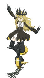  1girl absurdres balancing black_crown black_dress black_rock_shooter blonde_hair chariot_(black_rock_shooter) crown dress highres long_hair mechanical_legs paskmel skeletal_hand wheel wheeled_leg(s) white_background yellow_eyes 