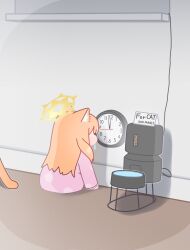  1girl absurdres animal_ear_fluff animal_ears blue_archive blunt_bangs cat chibi clock drooling english_text highres horuhara long_hair long_sleeves mari_(blue_archive) pajamas pet_food photo-referenced pink_pajamas polka_dot polka_dot_pajamas saliva sign sleeves_past_wrists solo very_long_hair water 