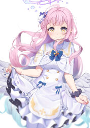  1girl aboreen absurdres aqua_hair blue_archive blue_bow blush bow breasts buttons capelet closed_mouth clothes_lift commentary double-breasted dress flower gold_trim gradient_hair hair_bun hair_flower hair_ornament highres lifting_own_clothes long_hair looking_at_viewer medium_breasts mika_(blue_archive) multicolored_hair pink_nails scrunchie simple_background single_hair_bun single_side_bun skirt skirt_lift smile solo underbust very_long_hair white_background white_capelet white_dress white_overskirt wrist_scrunchie yellow_eyes 