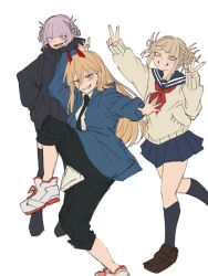  3girls :d bags_under_eyes black_coat black_necktie black_pants black_socks black_thighhighs blonde_hair blue_eyes blue_jacket blue_sailor_collar blue_skirt blunt_bangs boku_no_hero_academia braid braided_hair_rings brown_hair cardigan chainsaw_man clenched_teeth coat colored_shoe_soles cross-shaped_pupils demon_girl demon_horns double_bun double_v full_body ginjaeru grin hair_bun hair_rings hands_up high_collar high_school_girls_posing_for_google_street_view_(meme) highres horns jacket loafers long_hair looking_at_viewer meme messy_hair multiple_girls nanakusa_nazuna_(yofukashi_no_uta) neckerchief necktie pants photo-referenced pleated_skirt power_(chainsaw_man) red_horns red_neckerchief ringed_eyes sailor_collar sharp_teeth shirt shoes short_hair simple_background sketch skirt sleeves_past_wrists slit_pupils smile sneakers socks standing standing_on_one_leg symbol-shaped_pupils teeth thigh-highs toga_himiko v white_background white_shirt white_shoes yellow_cardigan yellow_eyes yofukashi_no_uta 