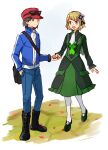  1boy 1girl ascot black_footwear black_hair blonde_hair blue_jacket boots calem_(pokemon) dress eyewear_on_headwear full_body green_dress hand_in_pocket highres hinata_(ryohinata) holding_hands jacket looking_at_another mega_ring official_alternate_costume open_mouth pokemon pokemon_(game) pokemon_masters_ex pokemon_xy red_headwear serena_(pokemon) serena_(sygna_suit)_(pokemon) simple_background smile sunglasses white_background 