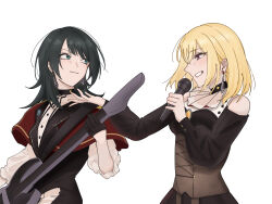  2girls bang_dream! bang_dream!_it&#039;s_mygo!!!!! bass_guitar black_dress black_gloves black_hair blonde_hair blue_eyes brown_corset capelet closed_mouth commentary corset doloris_(bang_dream!) dress earrings gloves highres holding holding_bass_guitar holding_instrument holding_microphone instrument jewelry long_sleeves medium_hair microphone misumi_uika multiple_girls nagomu_7_56 open_mouth red_capelet simple_background timoris_(bang_dream!) violet_eyes white_background yahata_umiri 