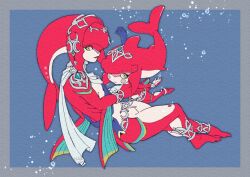  1boy 1girl air_bubble barefoot blue_background blush_stickers border bracer brother_and_sister bubble clawed_feet colored_skin eyeshadow fins fish_boy fish_girl floating full_body gills grey_border head_fins jewelry light_smile makeup mipha monster_boy monster_girl multicolored_skin red_eyeshadow red_skin scarf siblings sidon silver_trim slit_pupils the_legend_of_zelda the_legend_of_zelda:_breath_of_the_wild tsuyuga twitter_username two-tone_skin underwater white_scarf white_skin yellow_eyes zora 