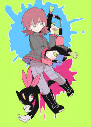  1boy arm_up black_boots black_jacket boots claws closed_mouth double-parted_bangs dual_wielding forehead_jewel green_background grey_eyes grey_pants gun hair_between_eyes holding holding_gun holding_weapon jacket looking_to_the_side male_focus paint_splatter pants pokemon pokemon_(creature) pokemon_hgss red_eyes red_hair red_trim silver_(pokemon) simple_background smcms-m sneasel splat_dualies_(splatoon) splatoon_(series) weapon wide-eyed 