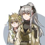  2girls alternate_costume arknights black_shirt brown_eyes brown_hair brown_jacket chinese_commentary closed_mouth commentary dragon_horns grey_hair hiding horns infection_monitor_(arknights) jacket long_hair mabing muelsyse_(arknights) multiple_girls orange_eyes pointy_ears ponytail ptsd saria_(arknights) scowl shirt sweatdrop triangle_mouth v-shaped_eyebrows white_jacket 