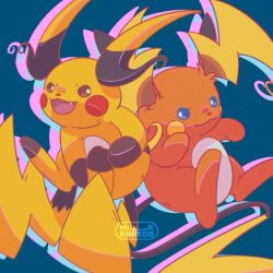  :3 blue_eyes brown_eyes closed_mouth fang mega_pokemon mega_raichu_x mega_raichu_y milkshreds multiple_tails no_humans open_mouth orange_fur pokemon pokemon_(creature) pokemon_focus pokemon_legends:_z-a raichu red_eyes smile tail very_long_ears very_long_tail yellow_fur 