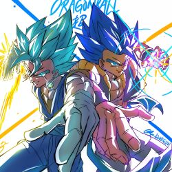  2boys arm_blade aura black_vest blue_eyes blue_hair blue_pants blue_shirt dougi dragon_ball dragon_ball_super dragon_ball_super_broly energy_sword gogeta highres male_focus medium_hair metamoran_vest multiple_boys muscular muscular_male orange_shirt pants ryo_lovevegito shirt spiky_hair super_saiyan super_saiyan_blue sword vegetto vest weapon 