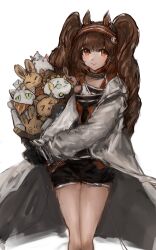  1girl absurdres amiya_(arknights) angelina_(arknights) animal_ears arknights ba_qi_da_ge black_collar black_shirt black_shorts brown_hair character_request choshanland_plushy_(arknights) coat collar cowboy_shot dot_nose dragon_bubble_(arknights) envelope film_grain fox_ears fox_girl hairband hat highres holding infection_monitor_(arknights) jacket long_hair looking_at_viewer nian_(arknights) no_tail open_clothes open_coat open_jacket orange_eyes party_hat red_hairband red_jacket shirt short_shorts shorts shu_(arknights) sidelocks simple_background smile solo striped_clothes striped_hairband teeth twintails two-tone_hairband upper_teeth_only white_background white_coat 