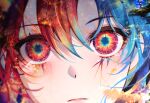  1girl 58_(opal_00_58) absurdres blue_hair blue_pupils close-up commentary english_commentary eye_focus eyelashes facial_mark hair_between_eyes highres looking_at_viewer multicolored_hair original red_eyes redhead short_hair solo 
