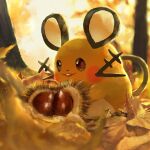  :3 autumn_leaves brown_eyes chestnut dedenne ekm leaf looking_at_food no_humans open_mouth outdoors pokemon pokemon_(creature) solo teeth upper_teeth_only 