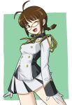  1girl ahoge akizuki_ritsuko antenna_hair band_uniform braid breasts brown_eyes brown_hair glasses gloves green_background grid_background idolmaster idolmaster_(classic) idolmaster_million_live! idolmaster_million_live!_theater_days kazu3_(kazumin) large_breasts looking_at_viewer marching_band miniskirt one_eye_closed open_mouth pleated_skirt short_hair skirt smile solo twin_braids white_gloves 