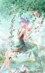  1girl artist_request bird blue_flower blue_sky bud bug butterfly castle chest_jewel clouds coattails day dove dress fairy feet_out_of_frame flower forest game_cg gem gold_necklace green_dress grey_hair hair_flower hair_ornament highres hill jewelry lake lavender_(flower) light_particles light_smile lily_(flower) lips nature necklace nikki_(series) official_art on_swing orange_flower outdoors parted_lips pink_flower pink_lips pink_rose plant purple_flower purple_gemstone rose shining_nikki short_dress short_hair_with_long_locks shoulder_tattoo single_sidelock sitting sky solo strapless strapless_dress stray_springwood_(shining_nikki) swing swinging_on_swing tattoo teeth tree vines white_flower white_rose yellow_eyes yexiao_(shining_nikki) 