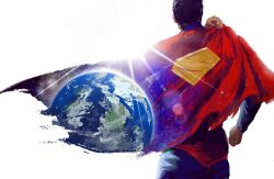  1boy arm_up black_hair blue_bodysuit bodysuit briefs cape clenched_hand commentary dc_comics earth_(planet) from_behind hashtag-only_commentary highres light_rays long_sleeves male_focus male_underwear planet red_cape short_hair simple_background solo space standing sunbeam sunlight superhero_costume superman superman_(2025) superman_(series) superman_logo underwear vivionlyart white_background 