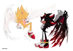 2boys angel_wings animal_ears animal_nose artist_name black_fur black_hair black_wings blonde_hair body_fur boots clenched_hands closed_eyes commentary crossed_arms demon_wings doom_wings english_commentary facing_another feathered_wings floating from_side full_body furry furry_male gloves grin happy highres long_hair looking_at_another male_focus multicolored_boots multicolored_fur multicolored_hair multiple_boys profile red_fur red_hair red_shoes rumiamura shadow_the_hedgehog shoes short_tail sideways_mouth simple_background smile socks sonic_(series) sonic_generations sonic_the_hedgehog sonic_x_shadow_generations spiky_hair standing streaked_hair super_sonic tail teeth twitter_username two-tone_hair white_background white_fur white_gloves white_socks white_wings wings yellow_fur