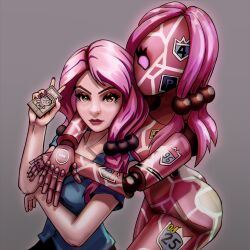  1boy 1girl 1other atarax_art blue_shirt cellphone commentary dixie_cup_hat doodle_inset green_eyes grey_background hair_bobbles hair_ornament hat higashikata_josuke_(jojolion) highres hirose_yasuho holding holding_phone hug hug_from_behind humanoid_robot joints jojo_no_kimyou_na_bouken jojolion long_hair looking_at_viewer makeup map_print military_hat paisley_park_(stand) phone pink_eyes pink_hair pink_nails robot robot_joints sailor_hat shirt short_sleeves smartphone stand_(jojo) 