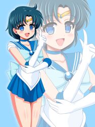  1girl bishoujo_senshi_sailor_moon blue_brooch blue_choker blue_eyes blue_hair blue_sailor_collar blue_skirt bow choker circlet collarbone earrings elbow_gloves gloves jewelry mizuno_ami sailor_collar sailor_mercury sailor_senshi_uniform short_hair skirt smile solo v white_gloves yaeba 