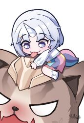  1girl absurdres animal ayatsuno_yuni blank_eyes blush can_(honkai_impact) cat chibi commentary crescent grey_eyes grey_hair highres honkai_(series) honkai_impact_3rd horns horse_tail jacket long_sleeves mini_person minigirl multicolored_skirt puffy_long_sleeves puffy_sleeves shoes shuni_valentine signature simple_background single_horn skirt solo stellive tail tongue tongue_out unicorn_girl unicorn_horn virtual_youtuber white_background white_jacket white_shoes 