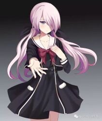  1girl bow breasts buttons chaos;child chest_bow cropped_jacket double-breasted dress dress_vest gradient_background hair_over_one_eye hekiho_academy_school_uniform highres long_hair long_sleeves looking_at_viewer minamisawa_senri miniskirt pink_hair reaching reaching_towards_viewer red_bow sailor_collar school_uniform science_adventure serafuku skirt small_breasts solo third-party_edit third-party_watermark twintails very_long_hair white_sailor_collar yinranluo 