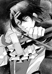  1boy absurdres alcryst_(fire_emblem) arrow_(projectile) ascot black_hair bow_(weapon) fire_emblem fire_emblem_engage firing greyscale hair_between_eyes hair_ornament highres holding holding_weapon illust_mi looking_at_viewer male_focus monochrome short_hair solo upper_body weapon 