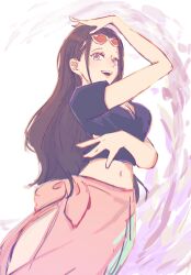  1girl arm_up black_hair cowboy_shot cropped_jacket eyelashes eyewear_on_head highres long_hair looking_at_viewer n_i_c0 navel nico_robin one_piece open_mouth pink_sarong sarong sidelocks smile solo 