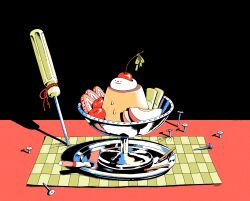  apple apple_slice black_background bow bowl burnt cherry choo cigarette cigarette_butt color_contrast commentary dessert food food_focus fruit green_bow high_contrast highres kiwi_(fruit) kiwi_slice matches no_humans original placemat plate pudding red_bow reflection screw screwdriver shadow smiley_face strawberry strawberry_slice string table warm_colored whipped_cream 