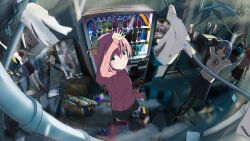  4girls absurdres black_sleeves blonde_hair blue_eyes blue_hair bocchi_the_rock! bow bowtie chinese_commentary commentary_request cube_hair_ornament gotoh_hitori hair_ornament highres ijichi_nijika jacket kita_ikuyo long_hair long_sleeves multiple_girls pants pants_under_skirt partial_commentary pink_hair pink_jacket pink_pants pink_track_suit pleated_skirt red_bow red_bowtie red_hair school_uniform shimokitazawa_high_school_uniform shuka_high_school_uniform side_ponytail skirt track_jacket track_suit vending_machine yamada_ryo yellow_eyes yiqiuwan 