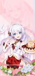  1girl 2023 animal bare_shoulders bird birthday_cake blue_eyes breasts cake character_name chinese_commentary dress english_text flower food fork fruit happy_birthday highres holding holding_cake holding_food holding_fork homu_(honkai_impact) honkai_(series) honkai_impact_3rd long_hair looking_at_viewer mandarin_orange official_art official_wallpaper plate small_breasts solo strawberry teeth theresa_apocalypse theresa_apocalypse_(celestial_hymn) upper_teeth_only white_flower white_hair white_headwear 