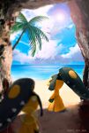  beach bird blue_sky clouds coconut_tree ekm highres looking_up mawile no_humans outdoors palm_tree pokemon pokemon_(creature) red_eyes rock sand shade sky standing sun sunlight tree twitter_username 