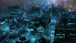  building city city_lights cityscape commentary_request crane_(machine) fog highres night no_humans original outdoors rocha_(rjrg4485) scenery skyscraper 