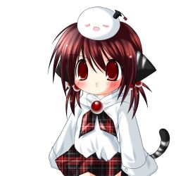 1girl 2000s_(style) :d animal_ears beads blob blush buttons canihavepromo cat_ears cat_girl cat_tail checkered checkered_clothes checkered_skirt hair_beads hat hoodie long_sleeves nekomimi open_mouth original pale_skin red_eyes red_hair school_hat short_hair simple_background skirt solo tail white_background white_hoodie white_sleeves