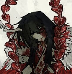  1boy 4_vy000 antler_ring antlers black_eyes black_hair blood blood_on_face blue_eyes burn_scar chinese_clothes e.g.o_(project_moon) eastern_dragon_horns grey_background hagoromo hanfu heterochromia highres hong_lu_(project_moon) horn_ornament horn_ring horns limbus_company long_hair looking_at_viewer male_focus project_moon red_hanfu scar shawl simple_background single_antler single_horn solo tears_of_the_tarnished_blood_(e.g.o) two-tone_hanfu upper_body white_hanfu 